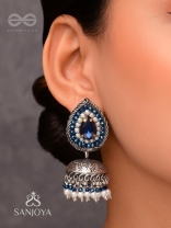 Ratryata - The Midnight Sapphire - Stone And Beads Hand Embroidered Oxidised Jhumka Earrings