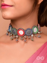 RANGAVYUHA - COLORBURST CASCADE - BEADS, MIRROR AND RESHAM EMBROIDERED AND OXIDISED NECKLACE
