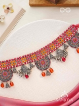 Prasvap - The Dusk Dream - Resham, Beads And Glass Drops Hand Embroidered Oxidised Choker Neckpiece