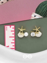 STARFISH & SEASHELL WISHES - GOLDEN AND WHITE EMBELLISHED STUD EARRINGS