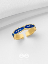 PRUSSIAN PROWESS - GOLDEN AND BLUE EMBELLISHED RING (ADJUSTABLE)