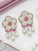 ABHRAPUSPA - THE CLOUDY FLOWER- STONES, BEADS AND PEARL DROPS HAND EMBROIDERED EARRINGS