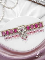 CHAANDIKUSUMA - THE ROYAL BLOSSOM- STONE, BEADS, GLASS AND PEARL DROPS HAND EMBROIDERED CHOKER NECKPIECE