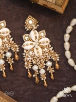 Sambuka- The Golden Snowflakes - Beads, Shells And Glass Drop Hand Embroidered Earrings