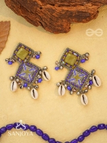 Dvikarani - The Sea Sky - Stone, Shells And Beads Enamelled Hand Embroidered Oxidised Earrings