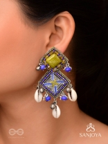 Dvikarani - The Sea Sky - Stone, Shells And Beads Enamelled Hand Embroidered Oxidised Earrings