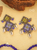 Dvikarani - The Sea Sky - Stone, Shells And Beads Enamelled Hand Embroidered Oxidised Earrings