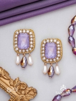 Dhumraruk - The Lavender Love- Stone, Beads, Glass And Pearl Drops Hand Embroidered Earrings