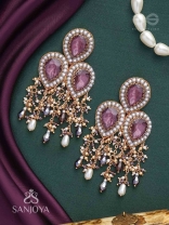 Anukrus - The Rosy Rain - Stone And Beads Hand Embroidered Earrings