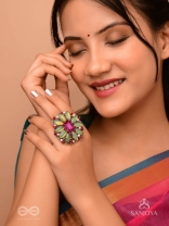 Ardramanjari - The Fresh Bloom - Stones And Beads Hand Embroidered Ring (Adjustable)