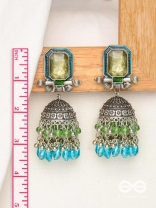 The Aqua Enchantments - Statement Embellished And Enamelled Oxidised Jhumka Earrings