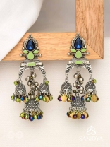 The Peacock Hues - Stone And Beads Enamelled Oxidised Earrings