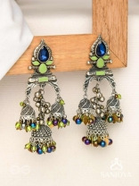 The Peacock Hues - Stone And Beads Enamelled Oxidised Earrings