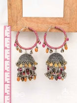 Stotavya - The Mira Chants- Beads, Resham And Glass Drops Oxidised Jhumka Earrings