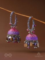 Dvibhat - The Twilight Tinkles - Resham, Coins And Beads Hand Embroidered Oxidised Jhumka Earrings