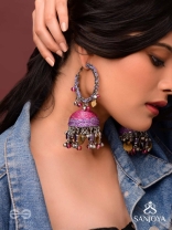 Dvibhat - The Twilight Tinkles - Resham, Coins And Beads Hand Embroidered Oxidised Jhumka Earrings