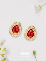 Cherry Drop - Golden And Red Stud Earrings