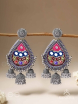 Kalatra- The Royal Citadel- Mirror, Resham And Beads Hand Embroidered Oxidised Earrings