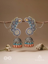 Kalaap- The Peacock's Tail- Beads And Glass Drops Hand Embroidered Oxidised Jhumka Earrings