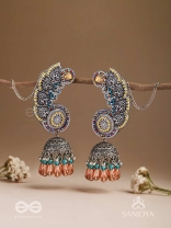 Kalaap- The Peacock's Tail- Beads And Glass Drops Hand Embroidered Oxidised Jhumka Earrings
