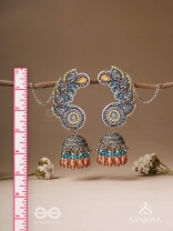 Kalaap- The Peacock's Tail- Beads And Glass Drops Hand Embroidered Oxidised Jhumka Earrings