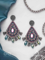 Abaddh - The Capricious Merries - Beads And Glass Drops Hand Embroidered Oxidised Earrings