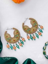 Kaldhvani - The Peacock Chirps - Stones, Beads And Glass Drops Hand Embroidered Hoop Earrings