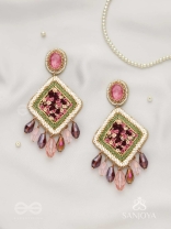 Saukumaryam- The Rouge Delicacy- Resham, Beads And Glass Drops Hand Embroidered Earrings