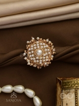 Atimukta- The Pearly Proposal- Pearl And Beads Hand Embroidered Golden Ring (Adjustable)