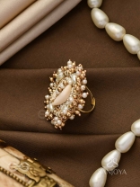 Pratisanshru - The Shore Promise - Shell And Beads Hand Embroidered Golden Ring (Adjustable)