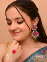 Ardramanjari - The Peony Cluster - Resham, Beads And Glass Drops Hand Embroidered Earrings