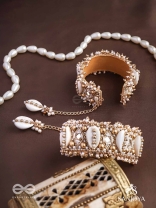 Prachurya - The Marine Abundance - Shells, Mirrors And Beads Hand Embroidered Cuff Bracelets (Set Of 2)