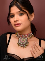 Mrigarsukt - The Hymns Of Flowers  - Resham, Coins And Beads Hand Embroidered Oxidised Choker Neckpiece