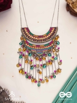 Kvan - The Layered Chimes - Resham, Beads, Coins And Glass Drops Hand Embroidered Oxidised Neckpiece