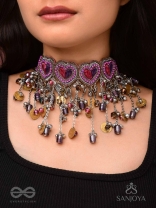 Prageet - Song Of The Hearts - Resham, Dabka, Beads And Coins Hand Embroidered Oxidised Choker Neckpiece