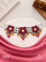 Sumanas - The Burgundy Flowers - Mirror, Resham, Dabka And Glass Drops Hand Embroidered Oxidised Choker Neckpiece