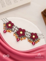 Sumanas - The Burgundy Flowers - Mirror, Resham, Dabka And Glass Drops Hand Embroidered Oxidised Choker Neckpiece