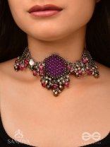 Sukhodaye - The Wine Honeycomb - Beads And Glass Drops Hand Embroidered Oxidised Choker Neckpiece