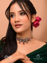 Vimohan - The Tempting Gaze - Stones, Mirror, Coins And Glass Drops Hand Embroidered Oxidised Choker Neckpiece