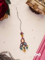 Prashman - The Calming Beauty - Stones, Mirror, Coins And Glass Drops Hand Embroidered Oxidised Maangtika