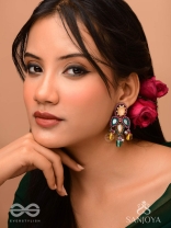 Tripristha - The Holy Trinity - Stones, Mirrors, Coins And Glass Drops Hand Embroidered Earrings