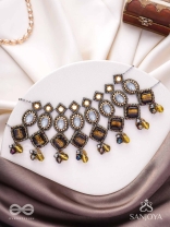 Haridhumra- The Amber Chestnut - Stones, Beads, Coins And Glass Drops Hand Embroidered Oxidised Neckpiece