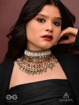 Gaaniya - The Musical Coast - Shells, Coins, Beads And Glass Drops Hand Embroidered Oxidised Choker Neckpiece