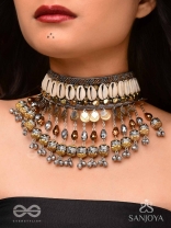 Gaaniya - The Musical Coast - Shells, Coins, Beads And Glass Drops Hand Embroidered Oxidised Choker Neckpiece