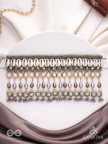 Gaaniya - The Musical Coast - Shells, Coins, Beads And Glass Drops Hand Embroidered Oxidised Choker Neckpiece