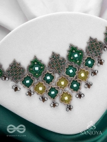 Aardratva - The Lush Cascade - Resham, Mirror And Dabka Hand Embroidered Oxidised Neckpiece