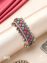 Prashman - The Soothing Landscape - Beads And Resham Hand Embroidered Oxidised Cuff Bracelet