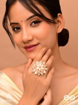 Svapnakalka - The Ivory Dream - Beads, Pearl And Glass Drops Hand Embroidered Ring (Adjustable)