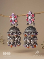 Punyodyan - The Shell Shalimar - Beads, Shells And Glass Drops Hand Embroidered Oxidised Jhumka Earrings
