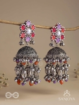 Punyodyan - The Shell Shalimar - Beads, Shells And Glass Drops Hand Embroidered Oxidised Jhumka Earrings